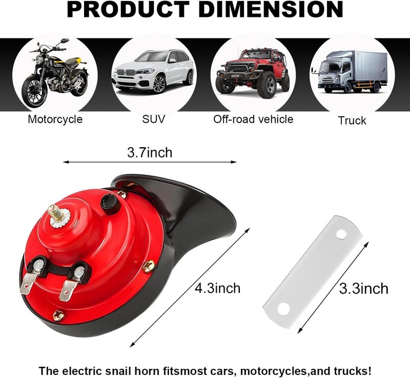 KVAEY Super Loud Car Snail Horns, 12V 300DB Durable Car Horn Kit, High Low Tone Universal Waterproof Car Air Electric Snail Horn, Vehicle Air Horn Replacement for Motorcycle Truck (Red, 1 PCS) - Image 2